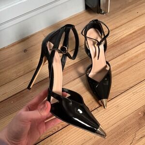 PrettyLittleThing Black Patent Gold Metal Toe, Ankle Strap Stiletto Heels US 6